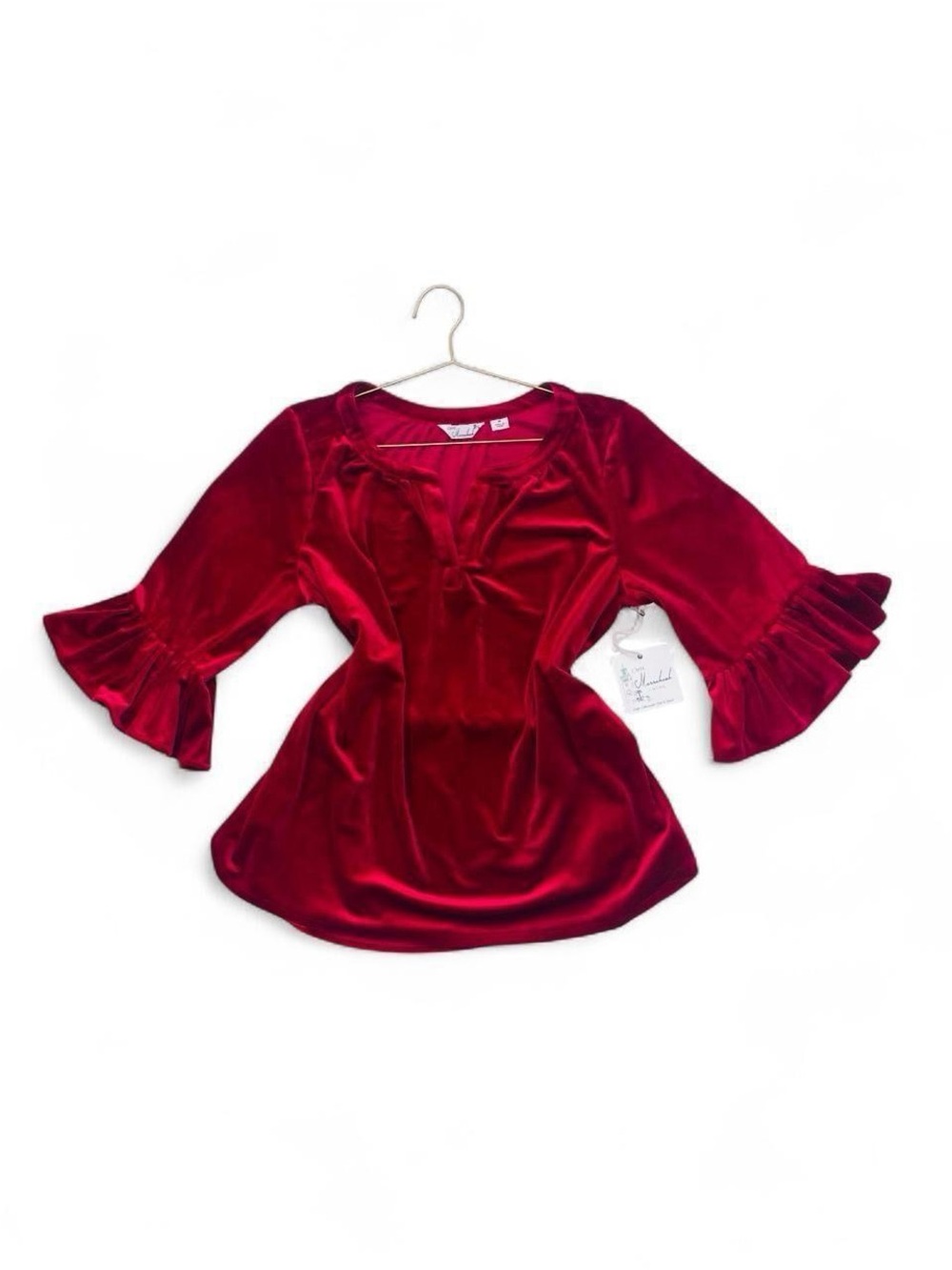 Caffé Marrakesh Red Velvet Split Neck Bell Sleeve Top NWT M